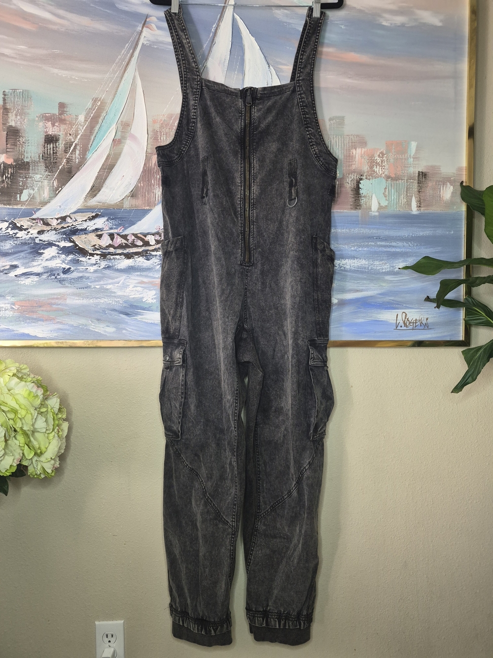 Free People Movement Washed Black Women's Denim Cargo Overalls